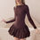 Thumbnail: Elegant Long Sleeve Dress Layered Hem Stretch Slim Brown Short Dress