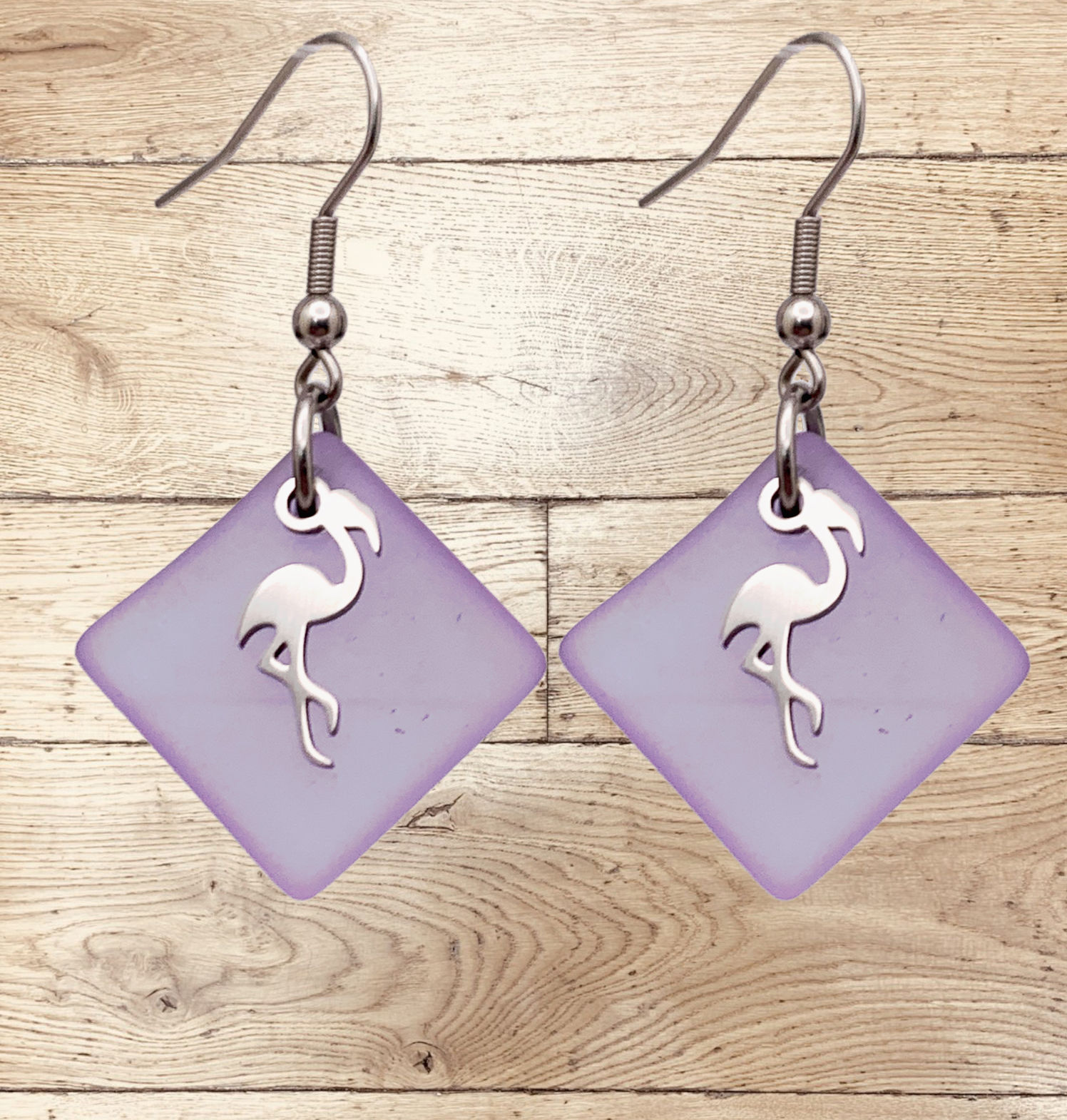 Pink Sea Glass and Flamingo Charm Dangle Earrings