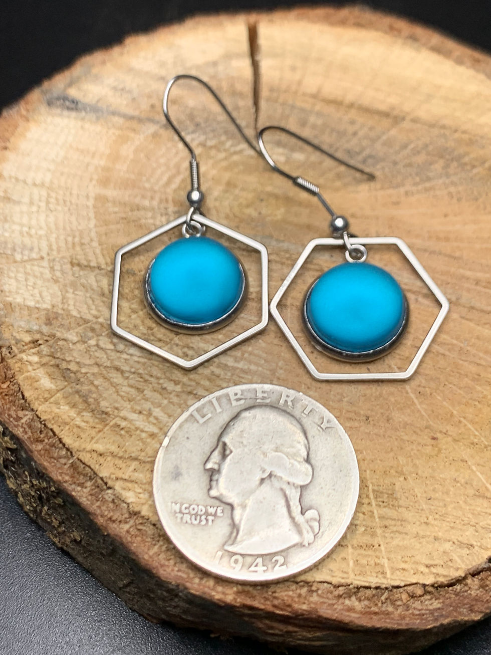 Thumbnail: Blue Sea Glass Hexagon Dangle Earrings