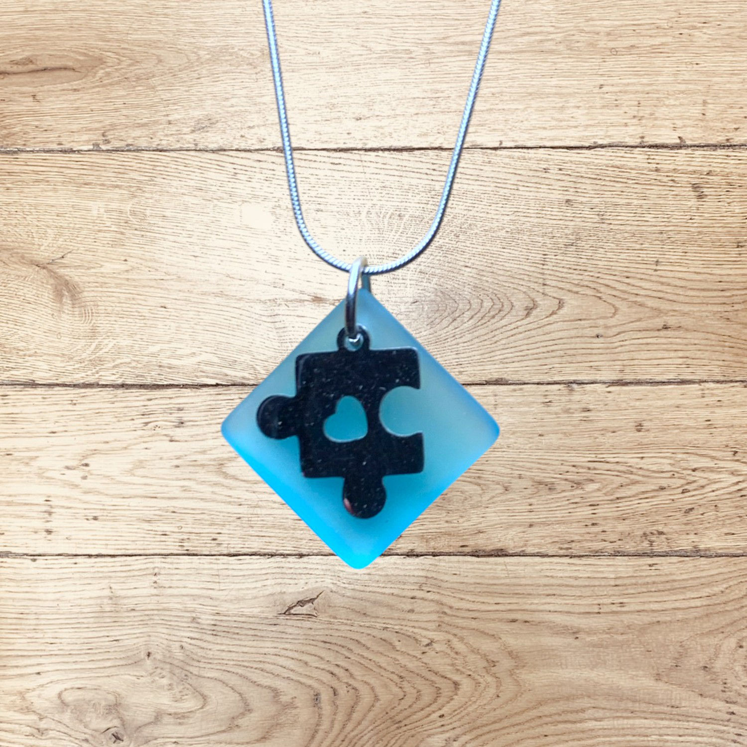 Blue Sea Glass Puzzle Piece Charm Necklace