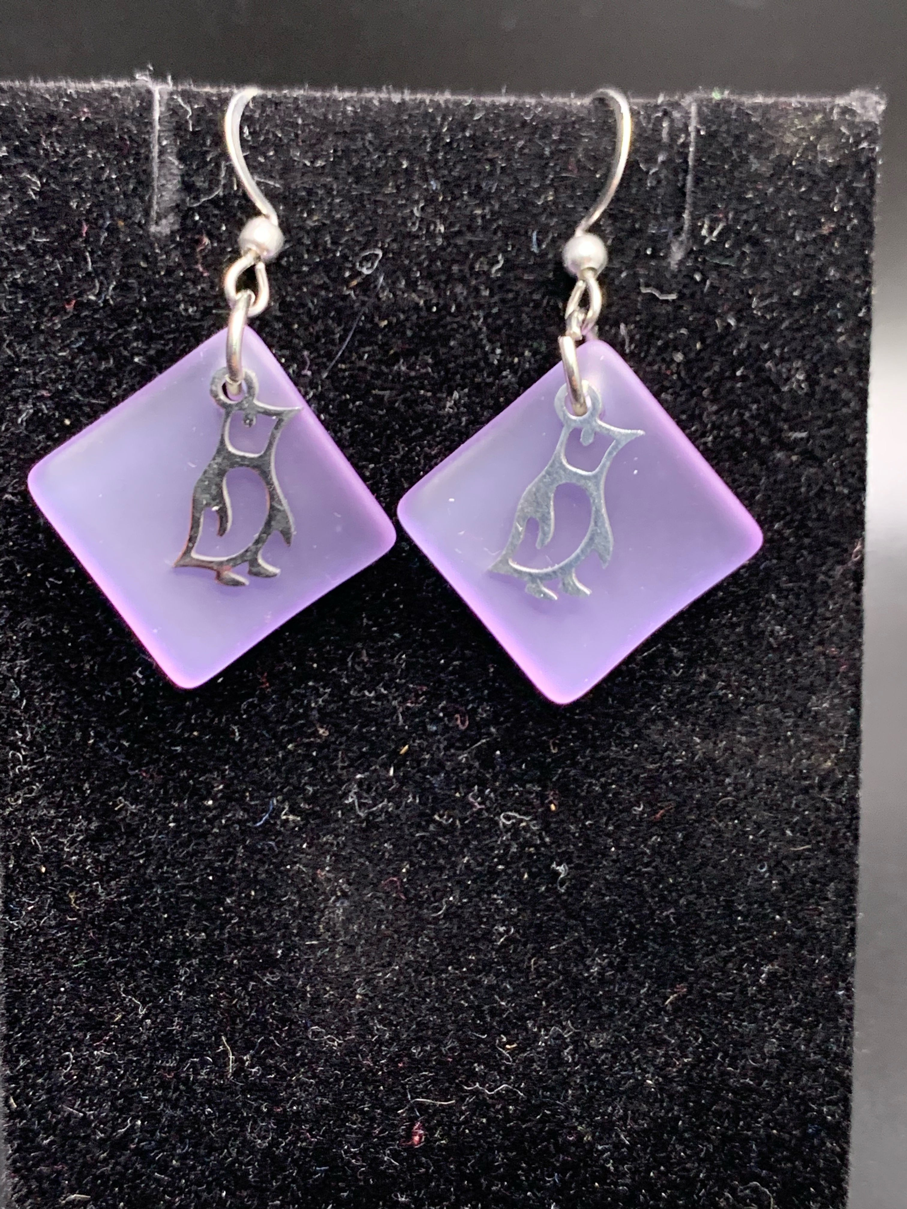 Pink Sea Glass and Penguin Charm Dangle Earrings