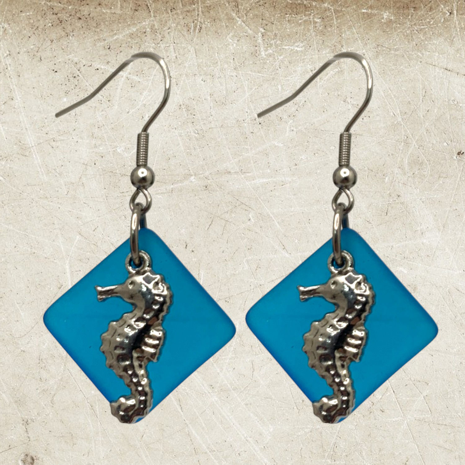 Teal Sea Glass and Seahorse Charm Dangle Earrings