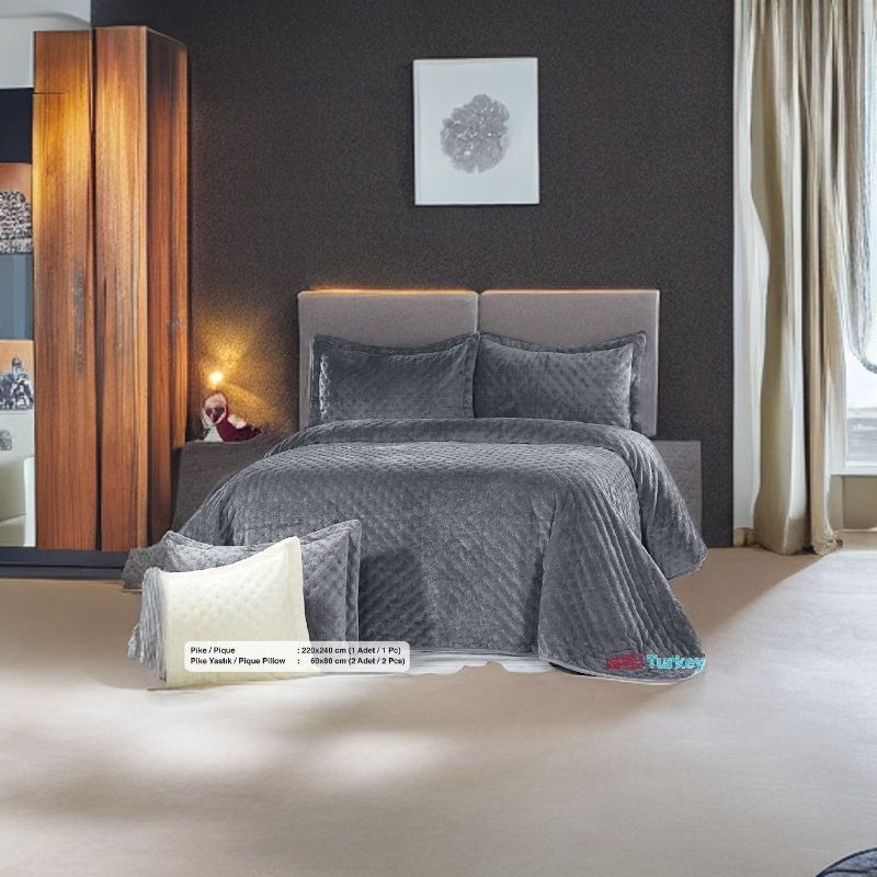 Velvet Çift Kişilik Yatak Örtüsü Pike Takımı Gri