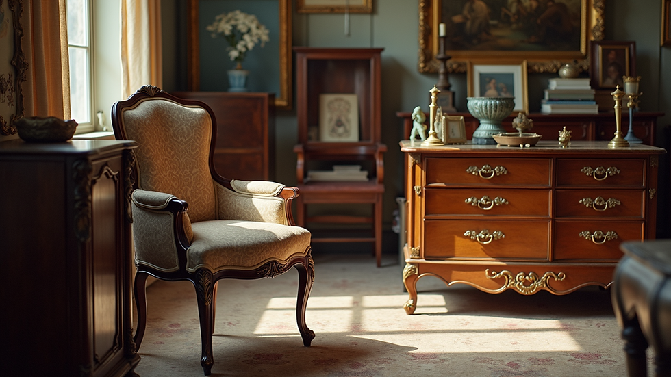 High angle view of antique furniture during an estate sale