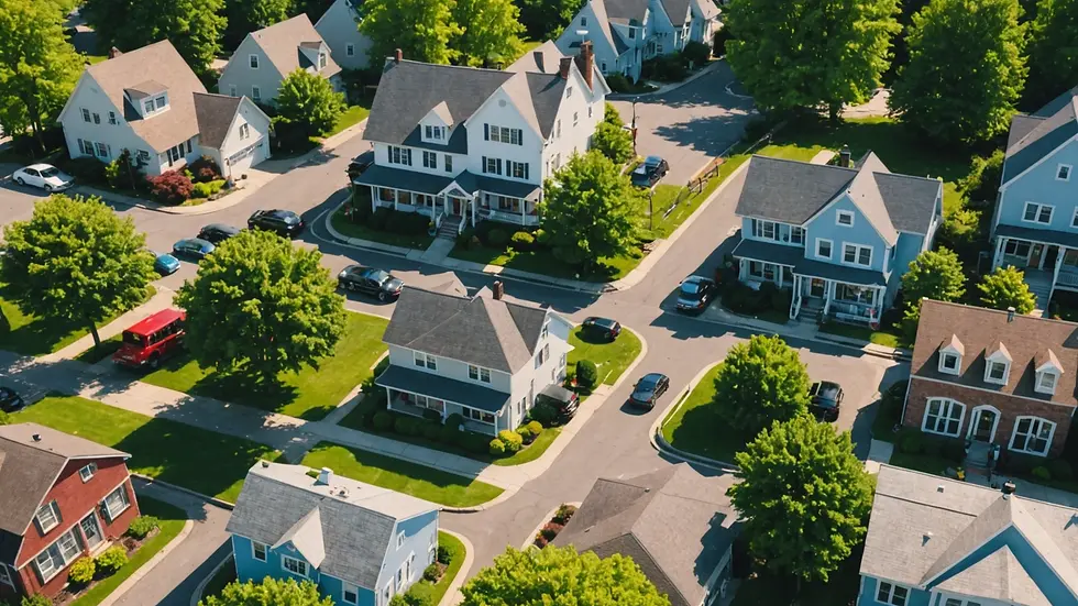 High-angle view of a neighborhood street bustling with estate sale signs