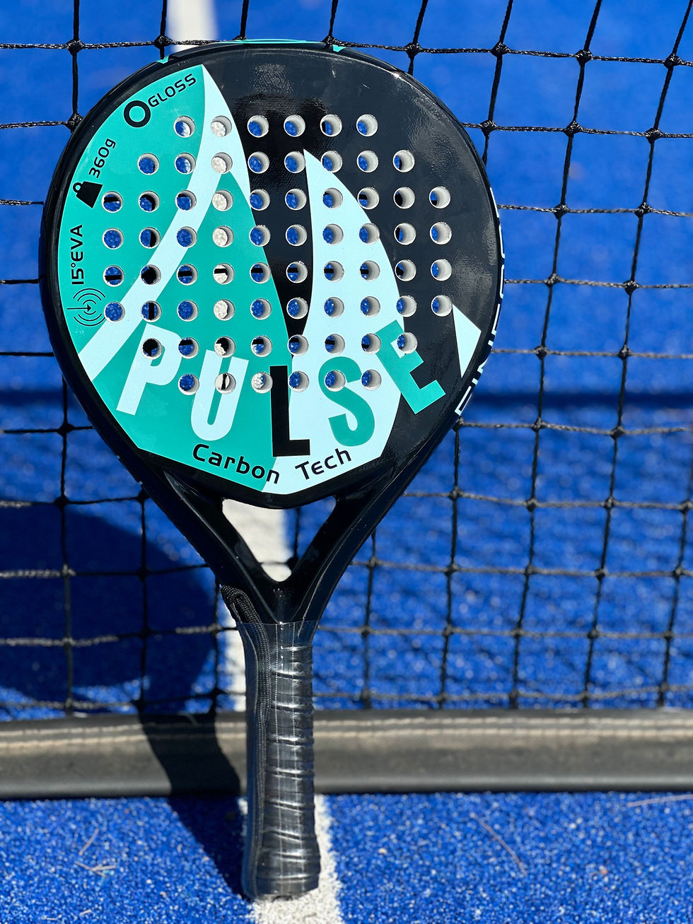 Thumbnail: Pulse finesse padel racket in black, green and blue with a gloss finish. Made from carbon fibre. Beginner padel racket