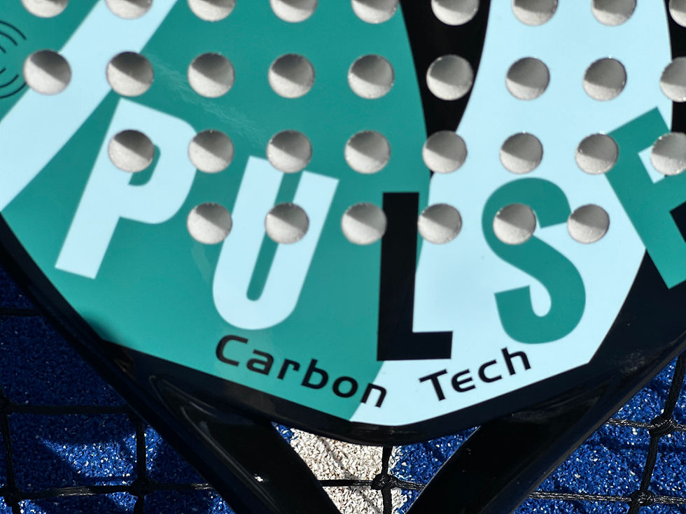 Thumbnail: Pulse finesse padel racket in black, green and blue with a gloss finish. Made from carbon fibre. Beginner padel racket