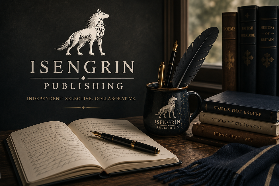 Isengrin Publishing Desk with notebook and pen, and Isengrin branded mug with pens and feather quill.