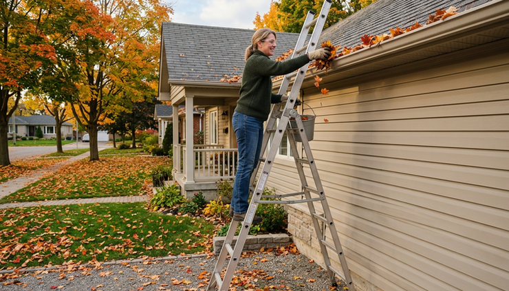 Eye-level view of a homeowner cleaning leaves from a bungalow gutter on an autumn afternoon.