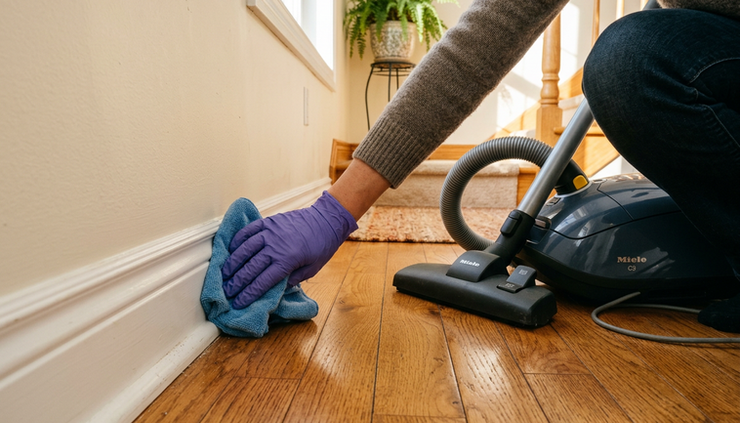 Close-up view of gloved hands wiping a white baseboard beside a vacuum cleaner.