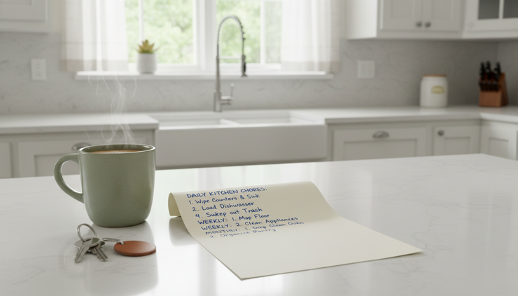 Close-up view of a handwritten cleaning priority list on a kitchen counter