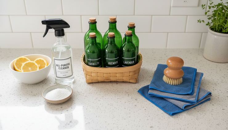 Overhead view of cleaning cloths and simple household supplies on a bright counter