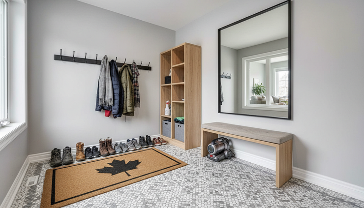 Eye-level view of a front entryway with shoes neatly placed and a clear path