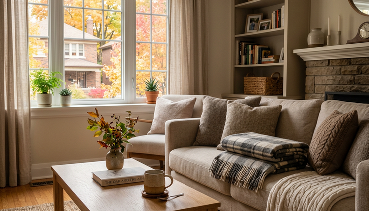 Wide-angle view of a tidy living room with folded blankets and autumn light through the window.