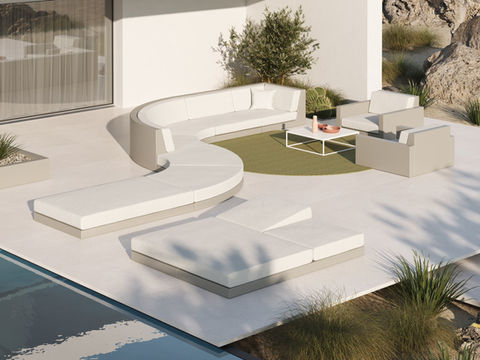 3D render of the Vondom PIXEL curved outdoor sofa and daybeds on a poolside terrace