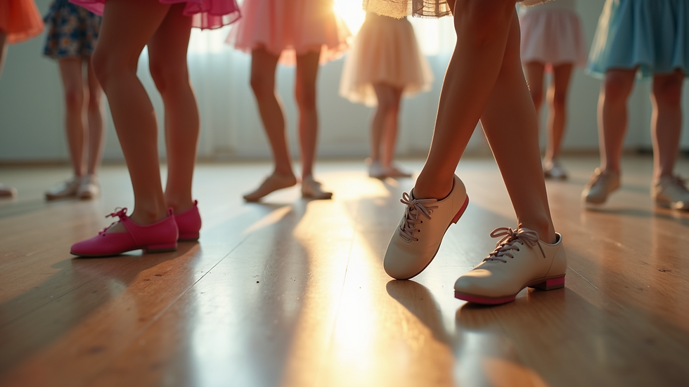Close-up view of colorful dance shoes on a wooden floor during a kids' dance class