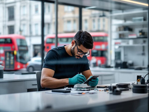 Inside a sleek and modern lab, a technician of Asian descent in a black t-shirt is focused