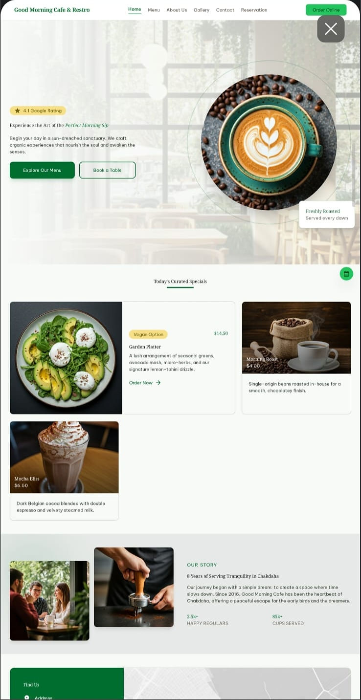 Webpage menu with green salad, coffee, and dessert drink
