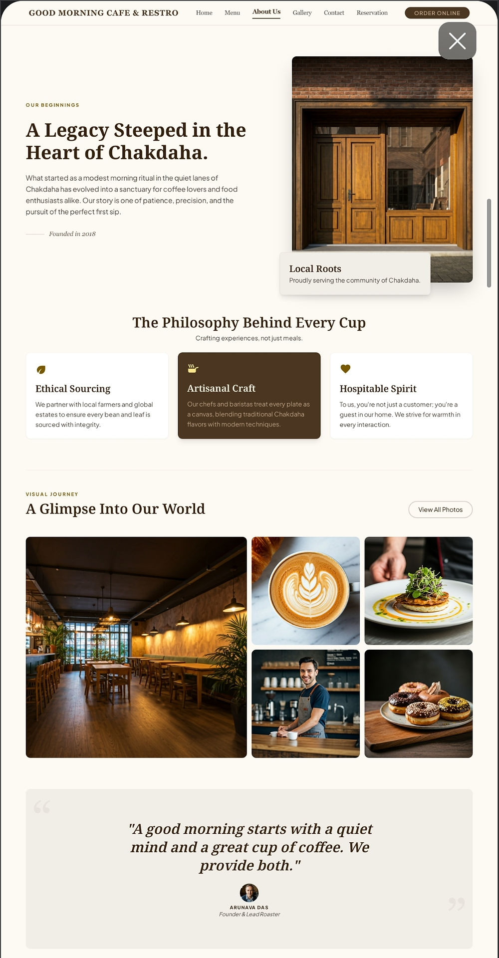 Cafe website design with philosophy and image gallery