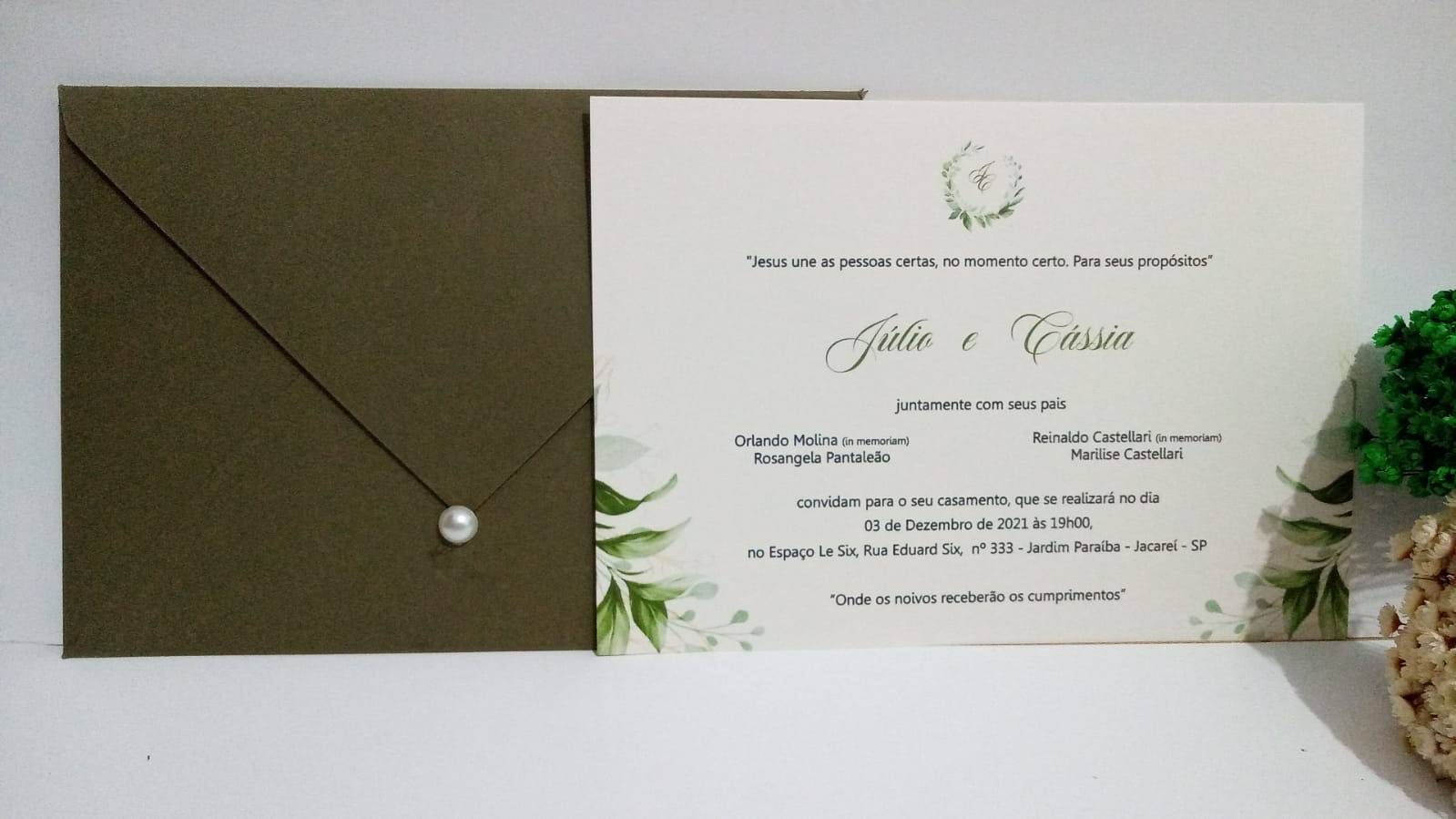 Convite Casamento Verde Oliva Pérola 17x23,5 Tag Individual