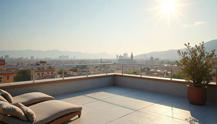 High angle view of the rooftop terrace at Ohla Barcelona with city views