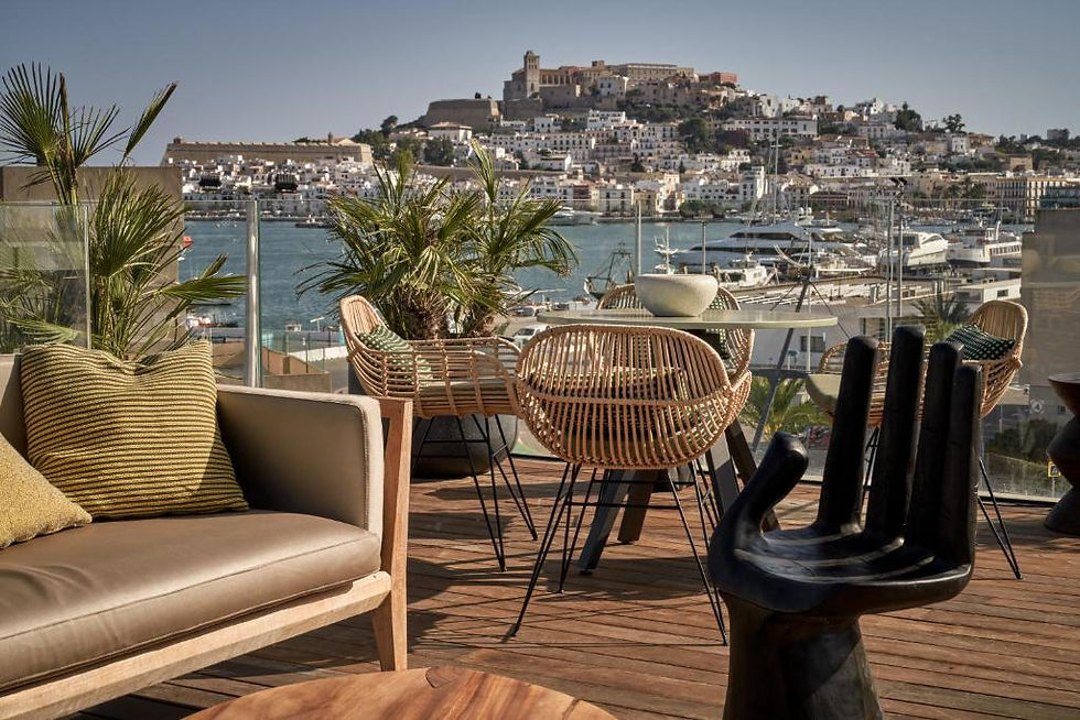 Eye-level view of NH Collection Ibiza hotel exterior with clear blue sky