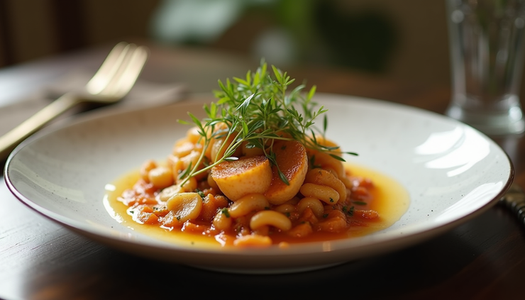 Close-up of a gourmet Catalan dish served at the hotel restaurant