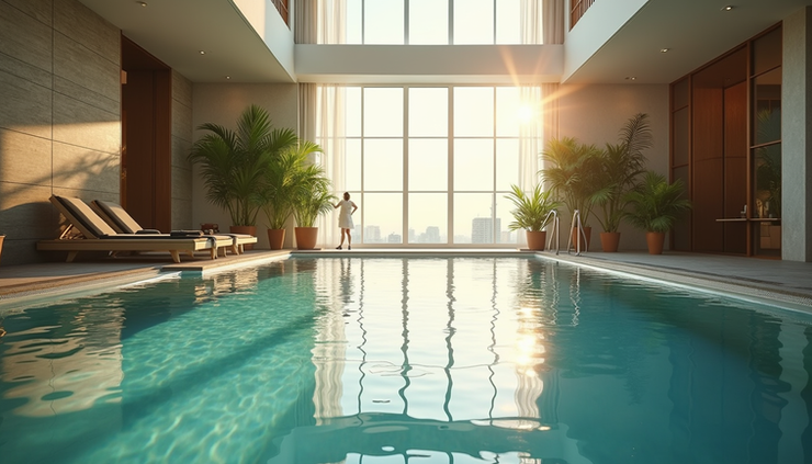 Vista dall'alto della piscina coperta del Cotton House Hotel di Barcellona, circondata da piante e luce naturale.