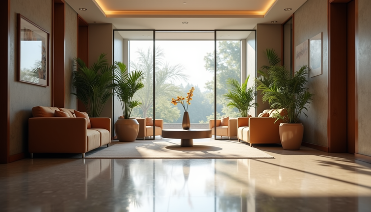 Eye-level view of hotel lobby with modern design and comfortable seating