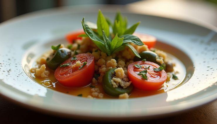 Close-up view of a beautifully plated Catalan dish served at Hotel Mercer's restaurant
