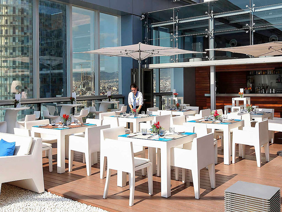 Eye-level view of Novotel Barcelona City hotel exterior with modern architecture