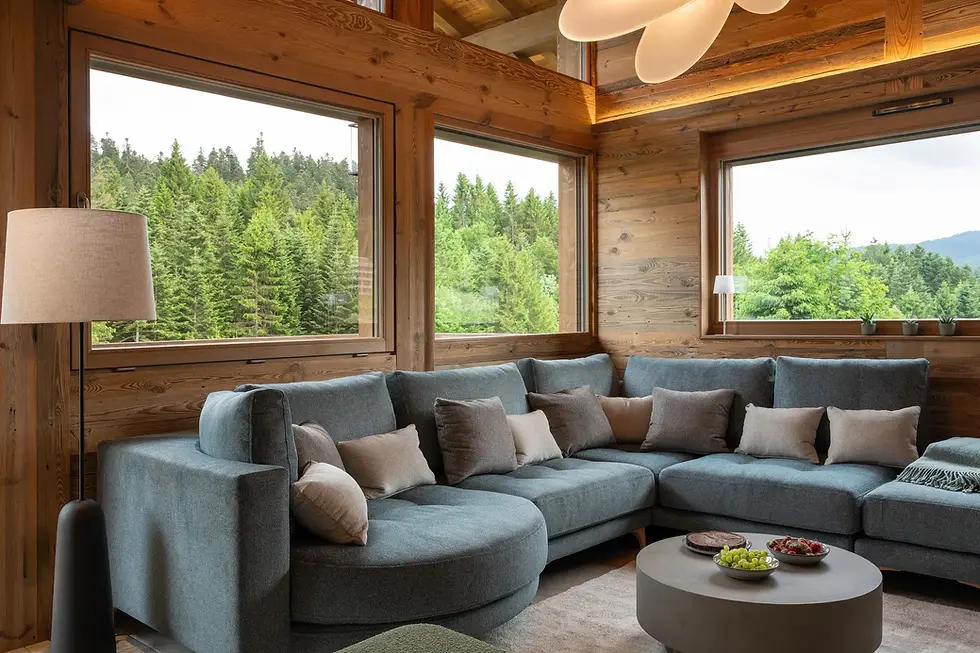 Salon lumineux du chalet avec vue sur la forêt près de Gérardmer