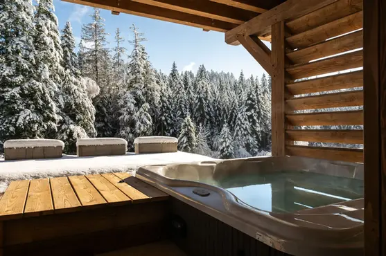 Jacuzzi privatif au Forest Lodge, chalet de luxe à louer dans les Vosges près de Gérardmer 