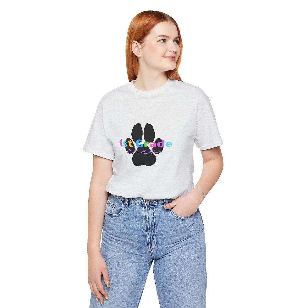 Thumbnail: Colorful Paw Print 1st Grade Crew Tee, School Spirit Wear