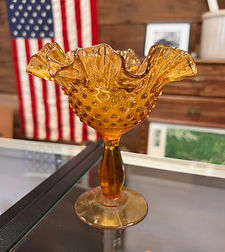 Fenton hobnail amber glass wavy compote dish