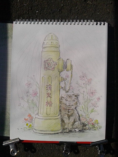 鉛筆淡彩スケッチ「消火栓とぬこ」