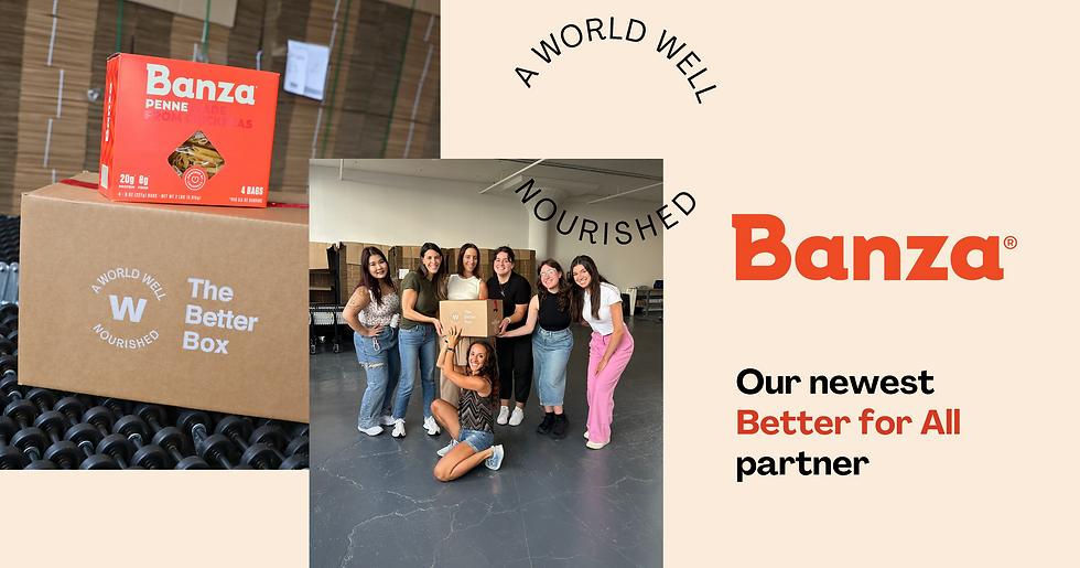 Collage of Banza box on top of a Better Box; employees from Banza after a volunteer project