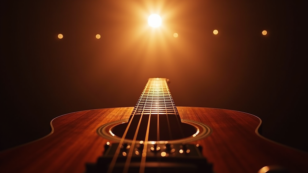 Eye-level view of a guitar on stage with a spotlight