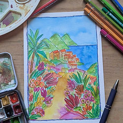 Paysage aquarelle mixed media bord de mer