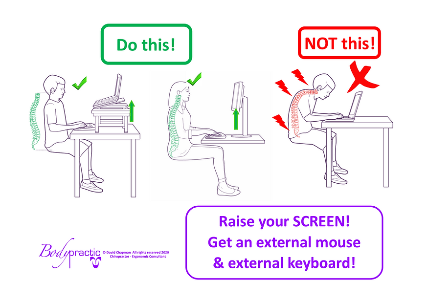 good posture bad posture raise your laptop up or use an external monitor