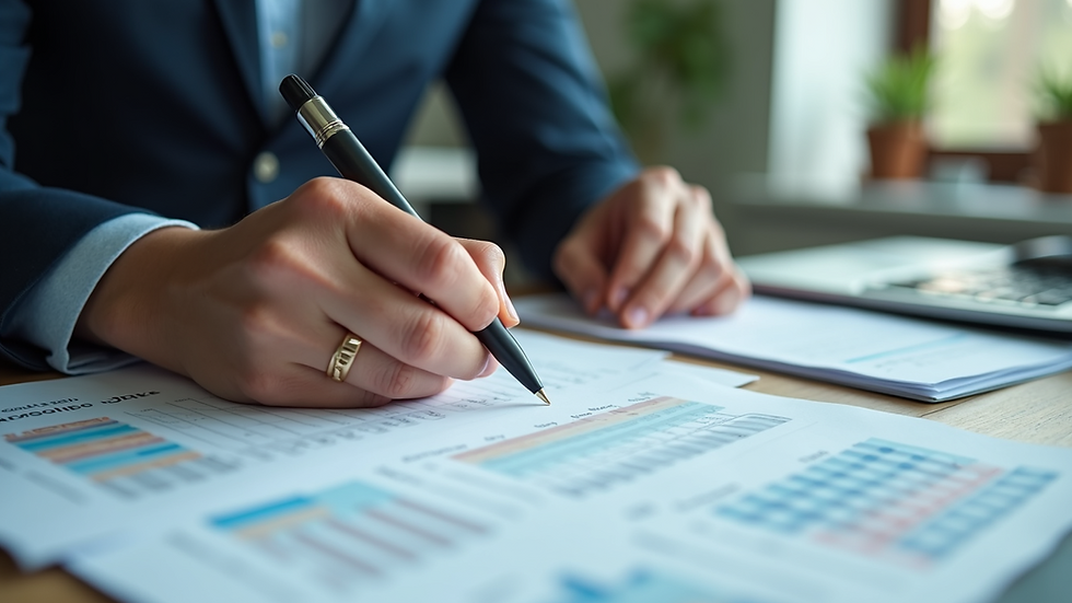 Close-up view of a professional bookkeeper working on financial documents