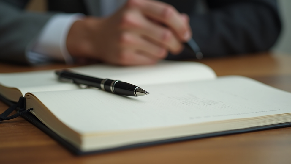 Close-up view of a journal and pen on a wooden table