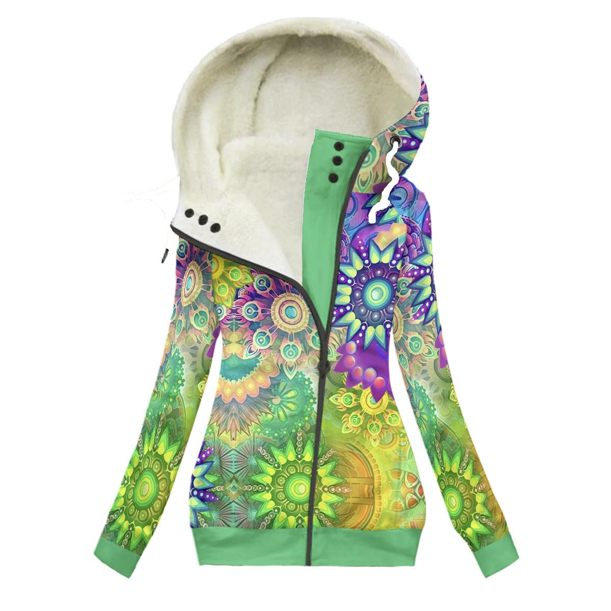 Lime Mandala Women's Long Jacket With Fleece Lining