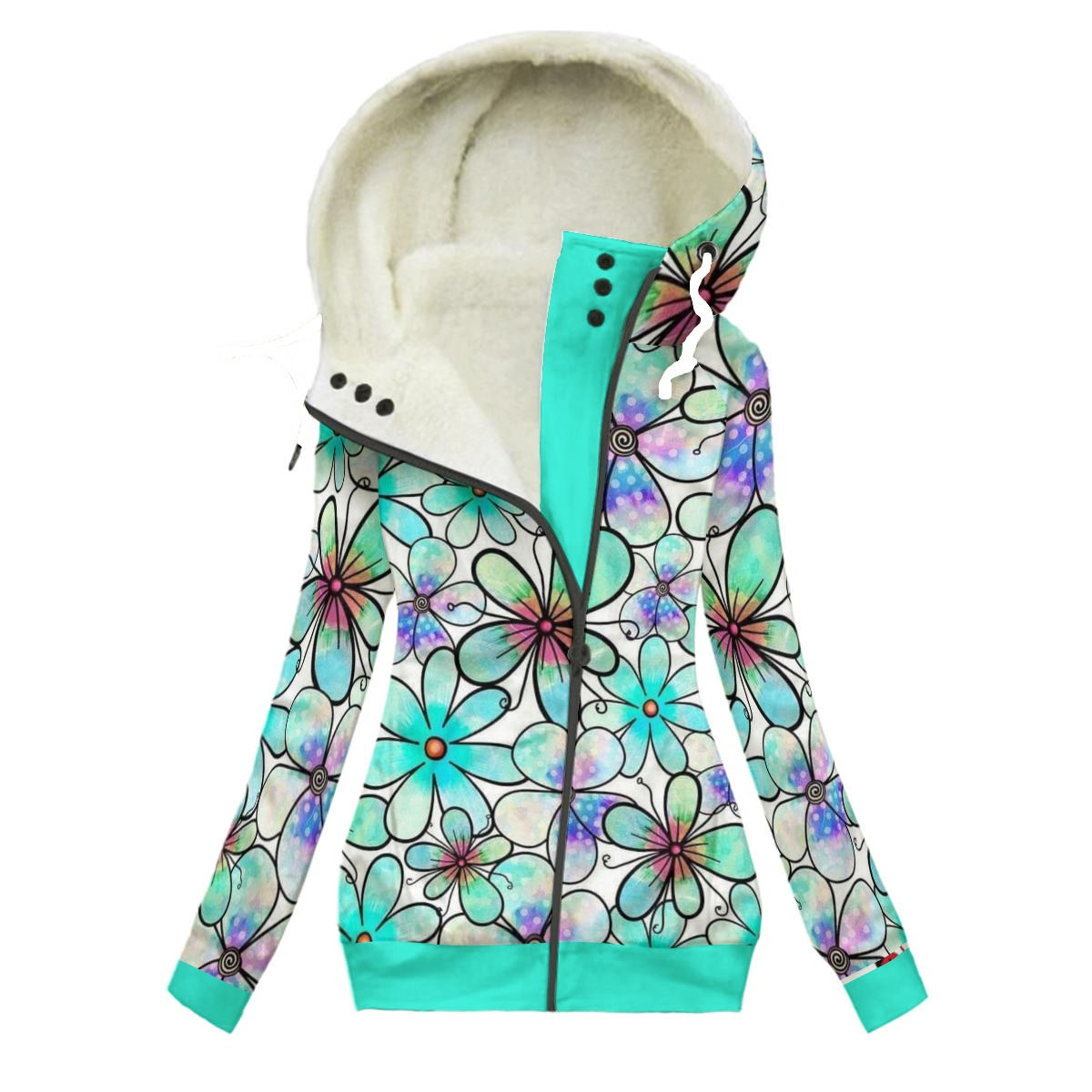 Yo! Chlo Chlo Doodle Daisies on Aqua Women's Long Jacket With Fleece Lining