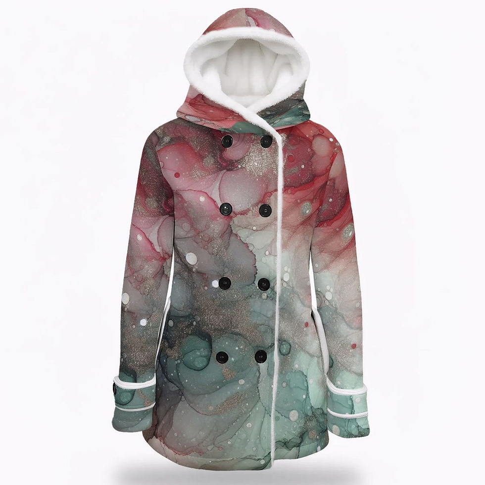 Red and Green Oil Spill Women's Hooded Double-Breasted Winter Coat With Fleece