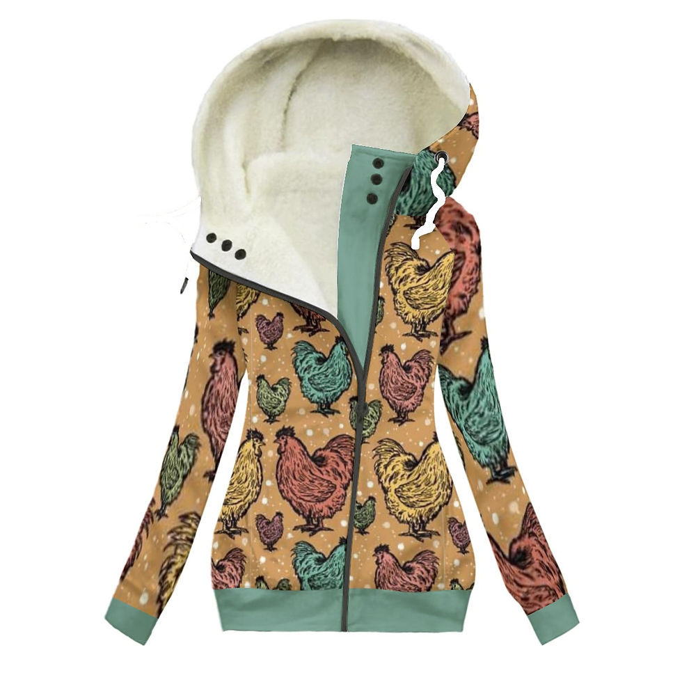 Boho Chicken on Teal Women's Long Jacket With Fleece Lining