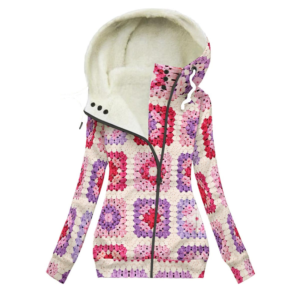Granny Square Print Women's Long Jacket with Fleece Lining