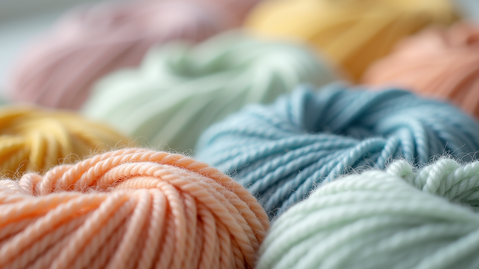 Close-up view of smooth medium-weight yarn skeins in pastel colors