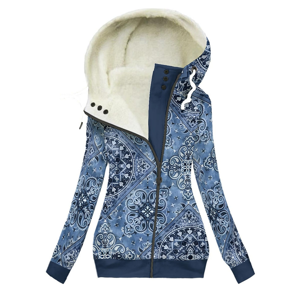 Blue Bandana Women's Long Jacket With Fleece Lining