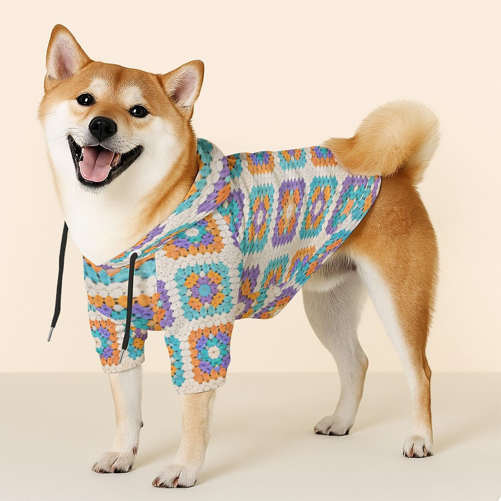 Thumbnail: Why Knot Crochet with Dawn Granny Square Print Hooded Cotton Sweatshirt for Dogs